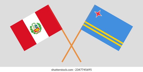 Crossed flags of Peru and Aruba. Official colors. Correct proportion. Vector illustration
