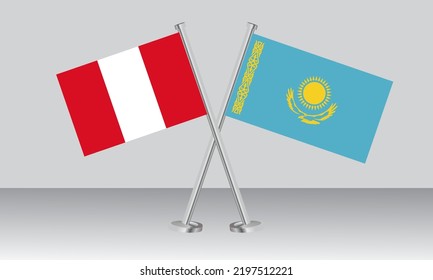 Crossed flags of Peru and Kazakhstan. Official colors. Correct proportion. Banner design