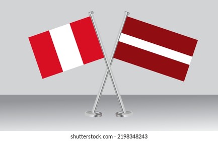 Banderas cruzadas de Perú y Letonia. Colores oficiales. Proporción correcta. Diseño de pancartas