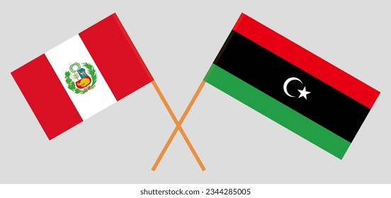 Crossed flags of Peru and Libya. Official colors. Correct proportion. Vector illustration
