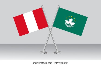 Banderas cruzadas de Perú y Macao. Colores oficiales. Proporción correcta. Diseño de pancartas