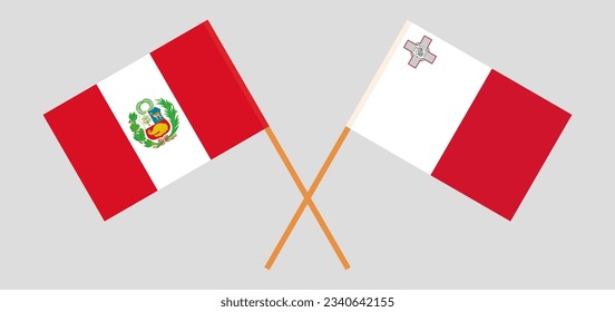 Crossed flags of Peru and Malta. Official colors. Correct proportion. Vector illustration
