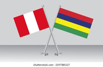 Gekreuzte Flaggen von Peru und Mauritius. Offizielle Farben. Richtiger Anteil. Banner-Design
