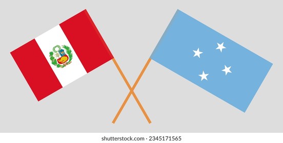 Gekreuzte Flaggen von Peru und Mikronesien. Offizielle Farben. Richtiger Anteil. Vektorgrafik
