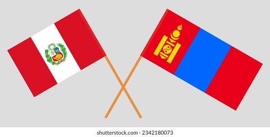 Crossed flags of Peru and Mongolia. Official colors. Correct proportion. Vector illustration
