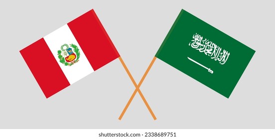 Gekreuzte Flaggen von Peru und Saudi-Arabien. Offizielle Farben. Richtiger Anteil. Vektorgrafik
