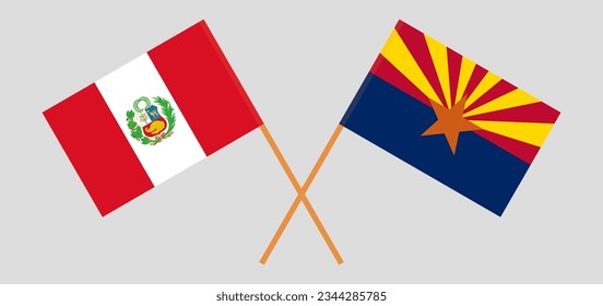 Crossed flags of Peru and the State of Arizona. Official colors. Correct proportion. Vector illustration
