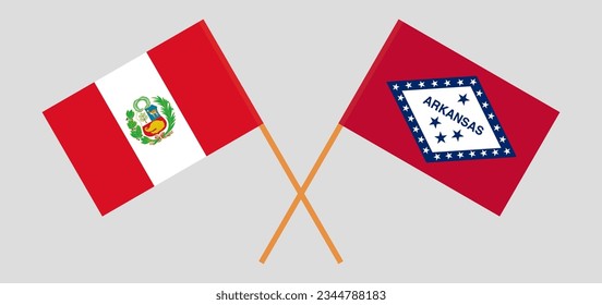 Crossed flags of Peru and The State of Arkansas. Official colors. Correct proportion. Vector illustration
