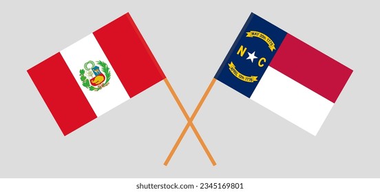 Crossed flags of Peru and The State of North Carolina. Official colors. Correct proportion. Vector illustration
