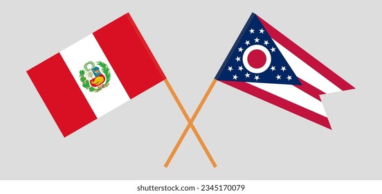 Crossed flags of Peru and the State of Ohio. Official colors. Correct proportion. Vector illustration

