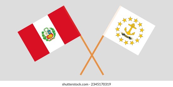 Banderas cruzadas del Perú y del Estado de la Isla Rhode. Colores oficiales. Proporción correcta. Ilustración del vector
