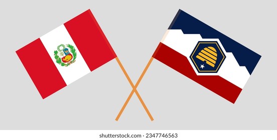 Crossed flags of Peru and The State of Utah. Official colors. Correct proportion. Vector illustration
