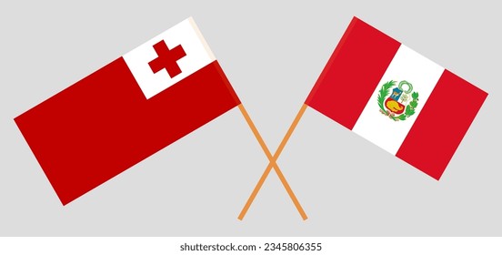 Crossed flags of Peru and Tonga. Official colors. Correct proportion. Vector illustration
