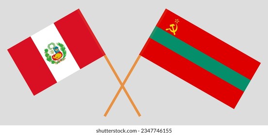 Crossed flags of Peru and Transnistria. Official colors. Correct proportion. Vector illustration
