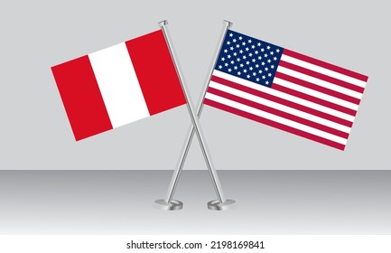 Banderas cruzadas de Perú y Estados Unidos de América (EEUU). Colores oficiales. Proporción correcta. Diseño de pancartas