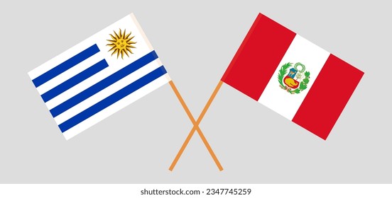 Banderas cruzadas de Perú y Uruguay. Colores oficiales. Proporción correcta. Ilustración del vector
