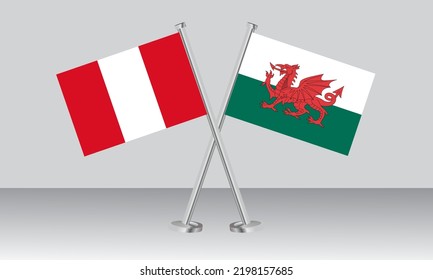 Banderas cruzadas de Perú y Gales. Colores oficiales. Proporción correcta. Diseño de pancartas