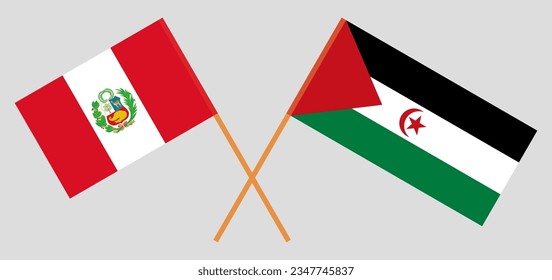 Gekreuzte Flaggen von Peru und Westsahara. Offizielle Farben. Richtiger Anteil. Vektorgrafik
