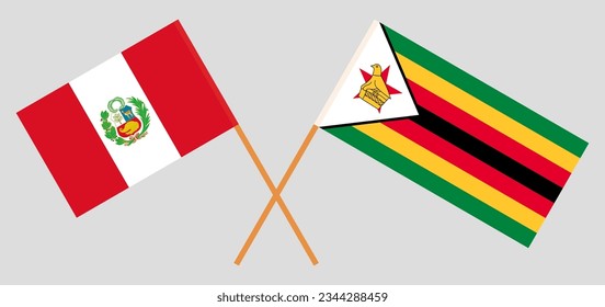 Crossed flags of Peru and Zimbabwe. Official colors. Correct proportion. Vector illustration
