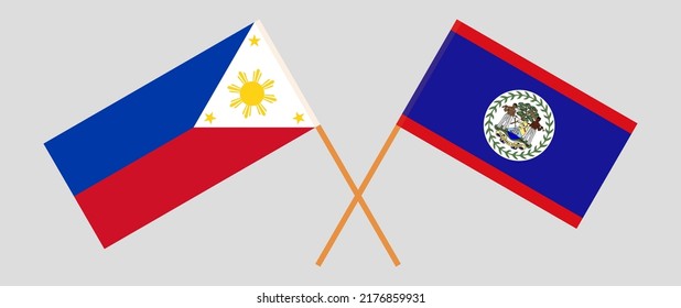 Crossed flags of the Philippines and Belize. Official colors. Correct proportion. Vector illustration
