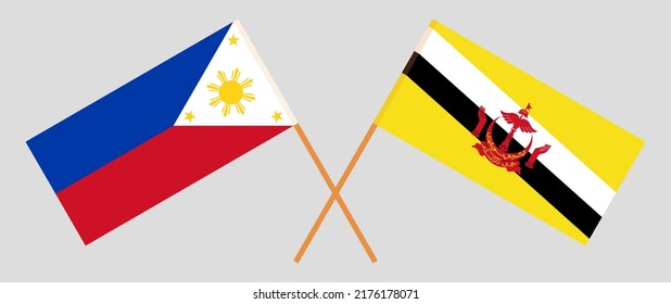 Crossed flags of the Philippines and Brunei. Official colors. Correct proportion. Vector illustration
