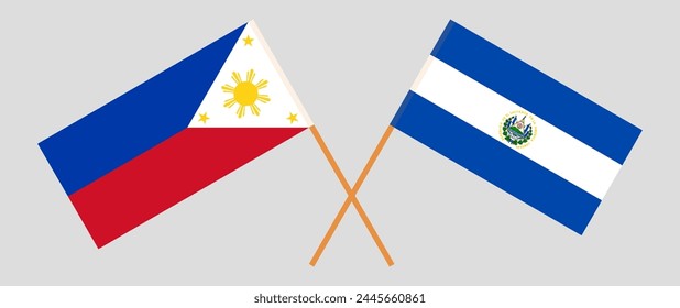 Crossed flags of the Philippines and El Salvador. Official colors. Correct proportion. Vector illustration
