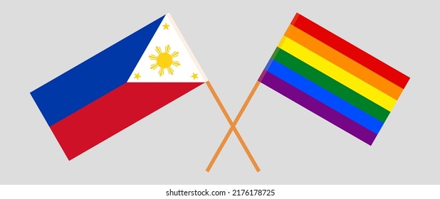 Banderas cruzadas de Filipinas y LGBTQ. Colores oficiales. Proporción correcta. Ilustración del vector
