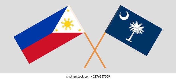 Banderas cruzadas de Filipinas y El estado de Carolina del Sur. Colores oficiales. Proporción correcta. Ilustración del vector
