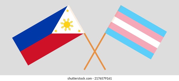 Crossed flags of the Philippines and Transgender Pride. Official colors. Correct proportion. Vector illustration
