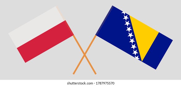 Crossed flags of Poland and Bosnia and Herzegovina. Official colors. Correct proportion. Vector illustration
