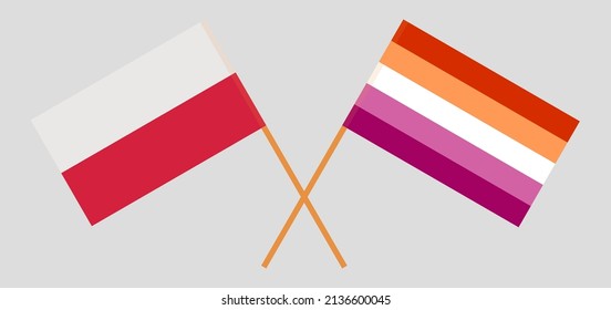 Crossed flags of Poland and Lesbian Pride. Official colors. Correct proportion. Vector illustration