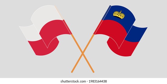 Crossed flags of Poland and Liechtenstein. Official colors. Correct proportion