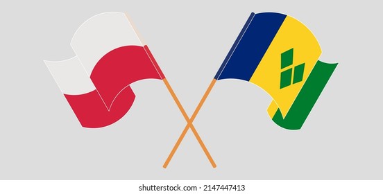 Crossed flags of Poland and Saint Vincent and the Grenadines. Official colors. Correct proportion. Vector illustration
