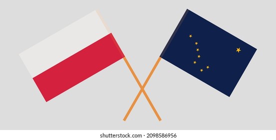 Crossed flags of Poland and the State of Alaska. Official colors. Correct proportion. Vector illustration
