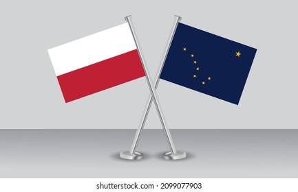 Gekreuzte Flaggen von Polen und Staat Alaska. Offizielle Farben. Richtiger Anteil. Banner-Design