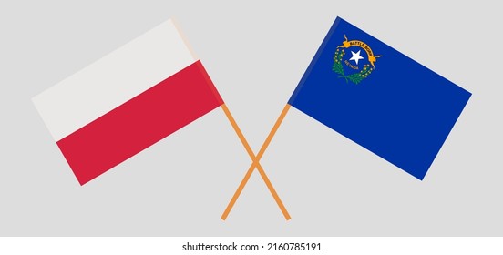 Crossed flags of Poland and The State of Nevada. Official colors. Correct proportion. Vector illustration
