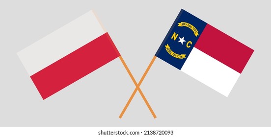 Crossed flags of Poland and The State of North Carolina. Official colors. Correct proportion. Vector illustration
