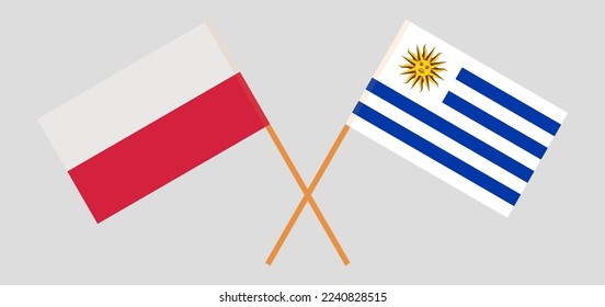 Crossed flags of Poland and Uruguay. Official colors. Correct proportion. Vector illustration
