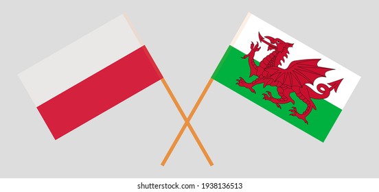 Crossed flags of Poland and Wales. Official colors. Correct proportion