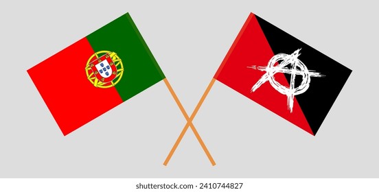 Crossed flags of Portugal and anarchy. Official colors. Correct proportion. Vector illustration
