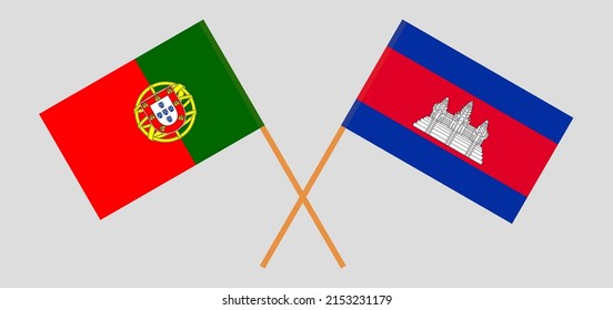 Crossed flags of Portugal and Cambodia. Official colors. Correct proportion. Vector illustration

