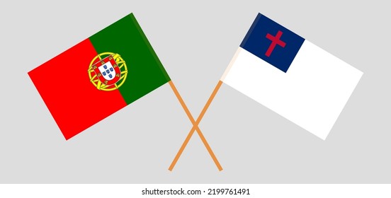 Crossed flags of Portugal and christianity. Official colors. Correct proportion. Vector illustration
