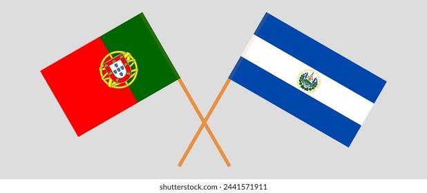 Crossed flags of Portugal and El Salvador. Official colors. Correct proportion. Vector illustration
