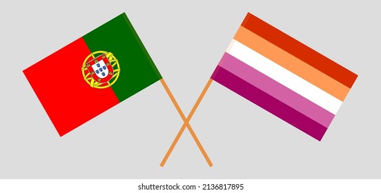 Crossed flags of Portugal and Lesbian Pride. Official colors. Correct proportion. Vector illustration
