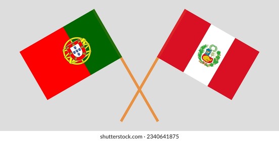 Crossed flags of Portugal and Peru. Official colors. Correct proportion. Vector illustration
