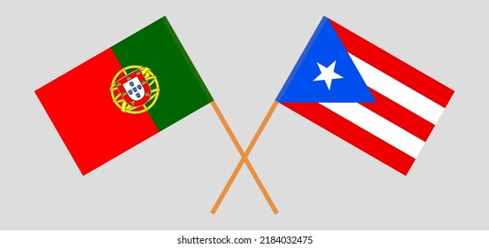 Crossed flags of Portugal and Puerto Rico. Official colors. Correct proportion. Vector illustration
