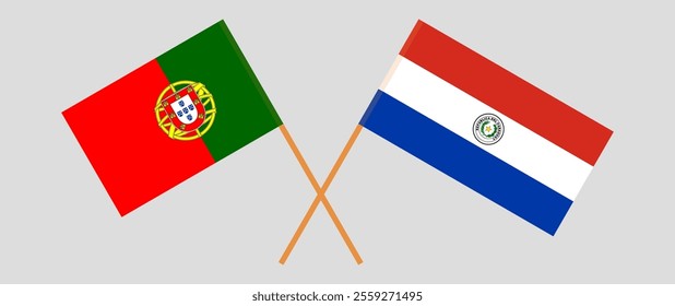 Crossed flags of Portugal and Republic of Paraguay. Official colors. Correct proportion. Vector illustration.
