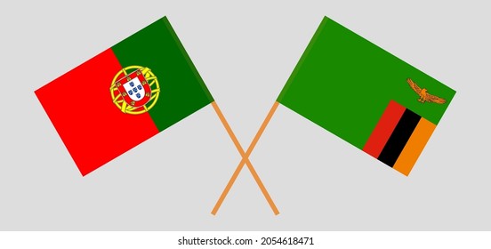 Crossed flags of Portugal and the Republic of Zambia. Official colors. Correct proportion