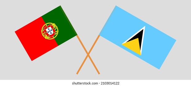 Crossed flags of Portugal and Saint Lucia. Official colors. Correct proportion. Vector illustration
