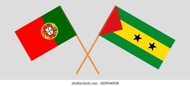 Crossed flags of Portugal and Sao Tome and Principe. Official colors. Correct proportion